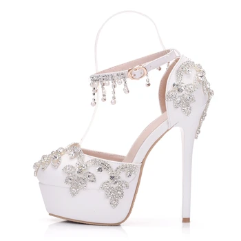 

2019 spring and summer new ladies high heel sandals with waterproof platform hollow crystal white round head 14CM large size