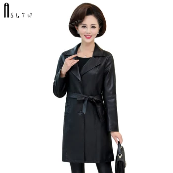 

ASLTW XL-6XL Plus Size Long Leather Jacket Women New Spring Turn Down Collar Coat Women Single-breasted Belt Pu Leather Jackets