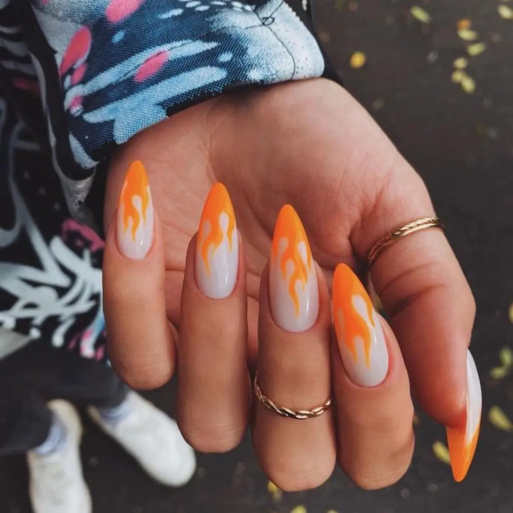 24pcs False Nails Orange Flames Design Press On Nails Coffin Fake Nails  Full Coverage Artificial Nails Wearable Manicure Art Tip - False Nails -  AliExpress