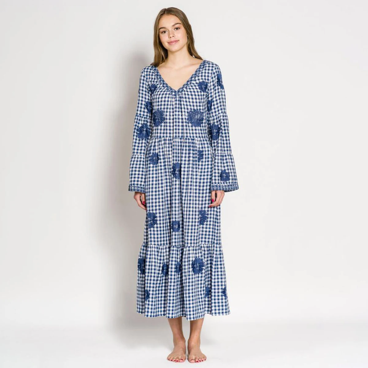 Богемный Вдохновленный Синий Gingham платье хлопок v образный вырез вышивка Украина