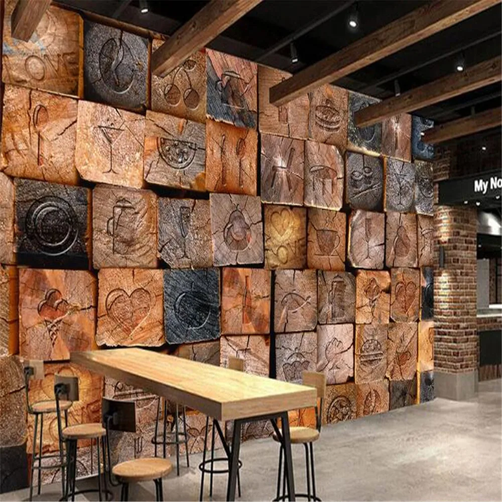 

Mlofi custom personality large wallpaper retro nostalgic 3D wood block wood grain wallpaper background wall