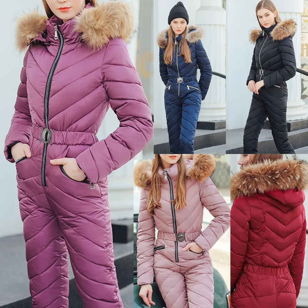 

2020 New Arrival Skiing Snowboarding Suit Women Winter Cotton Jumpsuit Plush Hoodie Collar Pockets Zipper Jumpsuits