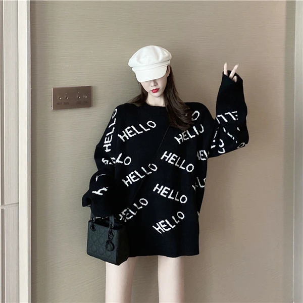RUGOD модный вязаный свитер с буквенным принтом, женские винтажные свитера с круглым вырезом и длинным рукавом, женские пуловеры Auturm - Цвет: Черный