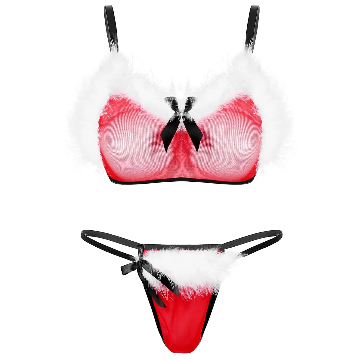 

Red Womens Christmas Lingerie Set Sheer Lace Furry White Feather Bra Top with G-string Briefs Femme Cospaly Sexy Erotic Lingerie