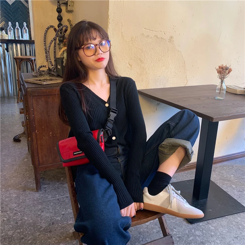 Women's Simple V-neck Cardigan Sweater New Autumn Korean Wild Cardigan Short Long-sleeved Sweater Students Coat Tide ML128