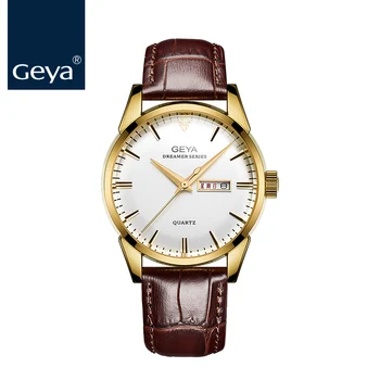 

GEYA Luxury Brand Waterproof Golden Leather Male Quartz Wristwatch Exquisite Brown Casual Man Watch Gift