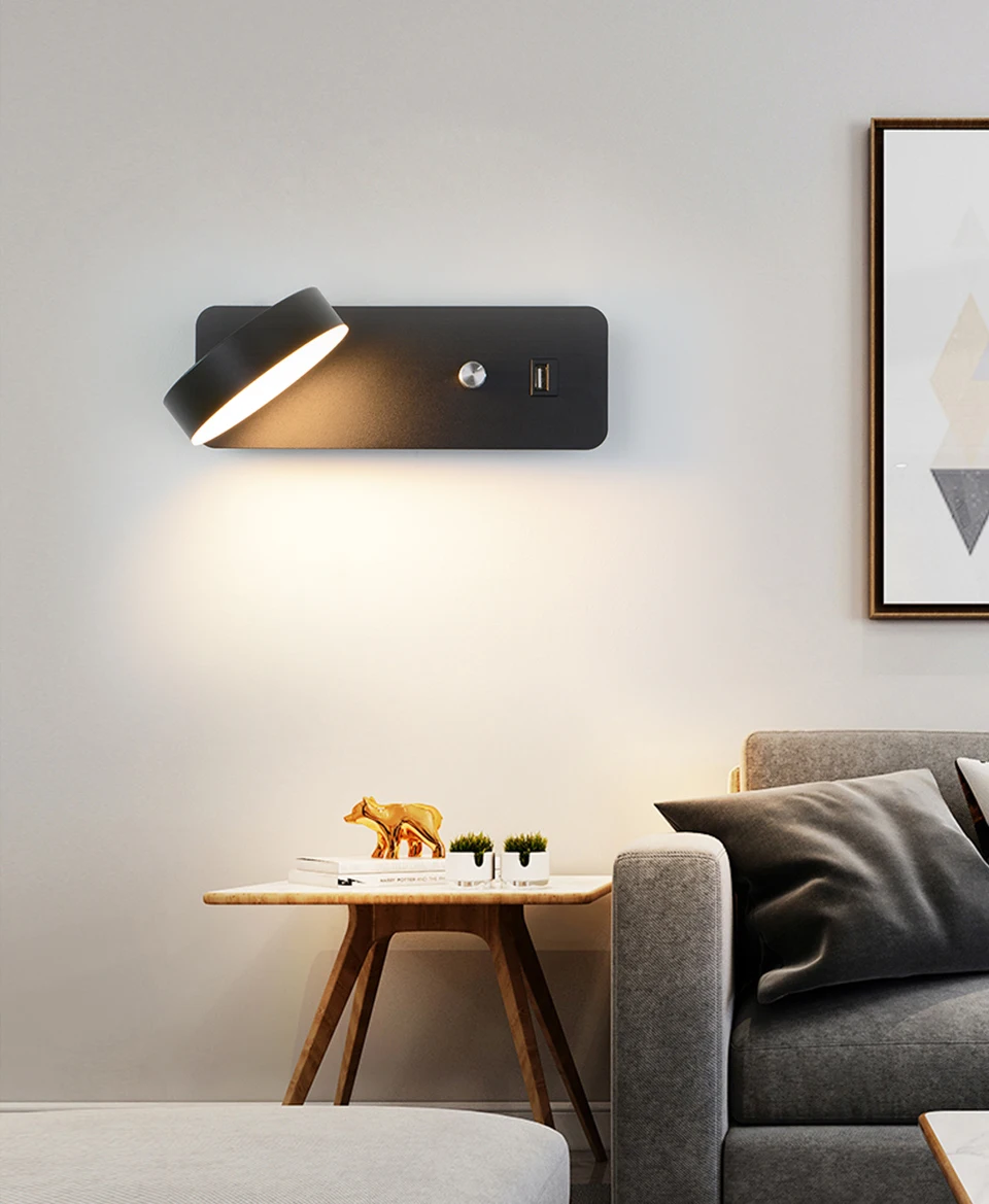 Lâmpada de Parede Interior para Cabeceira Botão Interruptor Regulável Carga Usb Luz Parede 9 w Branco - Preto Iluminação Escada Arandela Luminaria Led 12 Lâmpada de parede led botão interruptor regulável