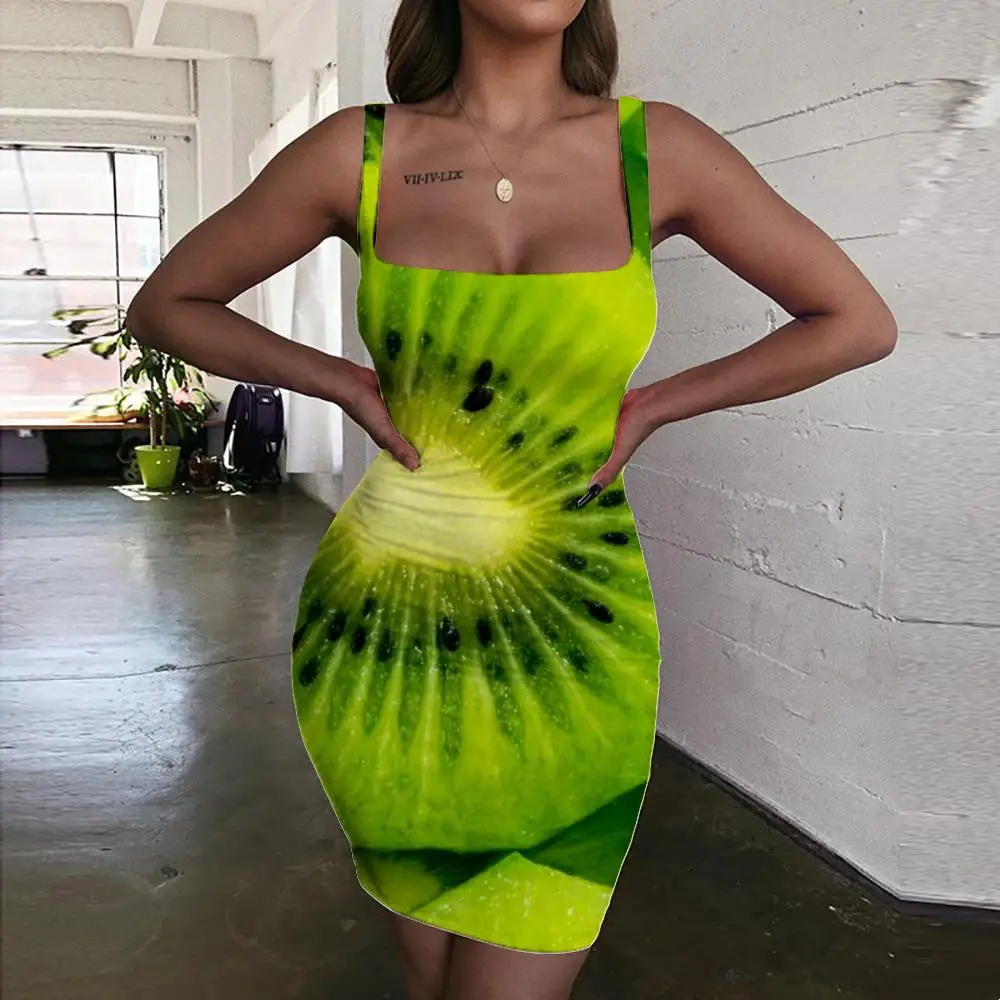 

KYKU Kiwi Dress Women Fruit Vestido Sexy Green Bodycon Dress Harajuku Halter Sleeveless Womens Clothing Party New Boho Femme