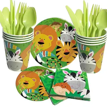 

64pcs Animal Theme Cutlery Set Party Disposable Cutlery Set Cartoon Jungle Animals Children Birthday Party Supplies