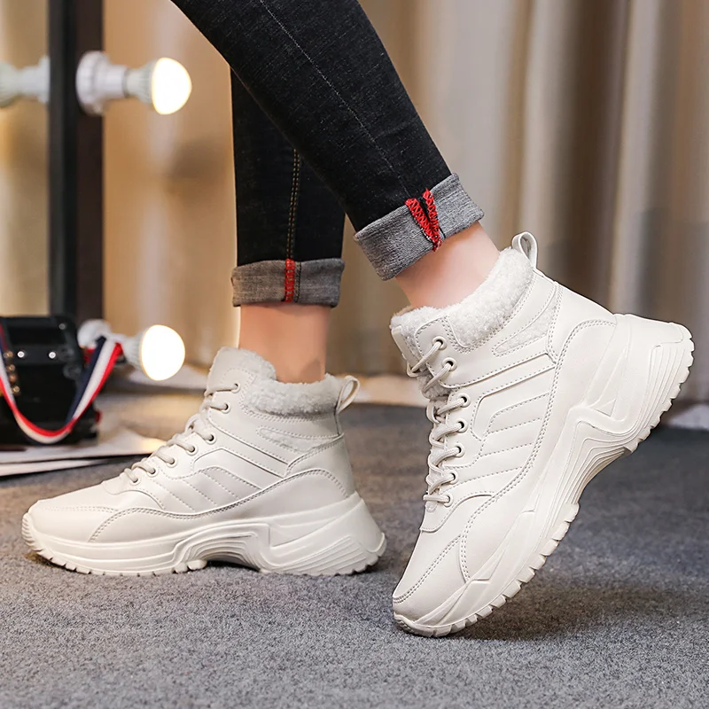 2019 г. Новые женские бархатные зимние сапоги с высоким берцем повседневные кроссовки из проветриваемой ткани на толстой подошве легкие