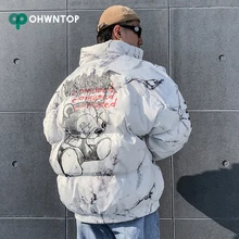 Мужская Уличная одежда в стиле хип-хоп, Теплая стеганая куртка с принтом «Медведь», ветровка, зимняя верхняя одежда, парка, хипстерская парка в стиле Харадзюку, пальто