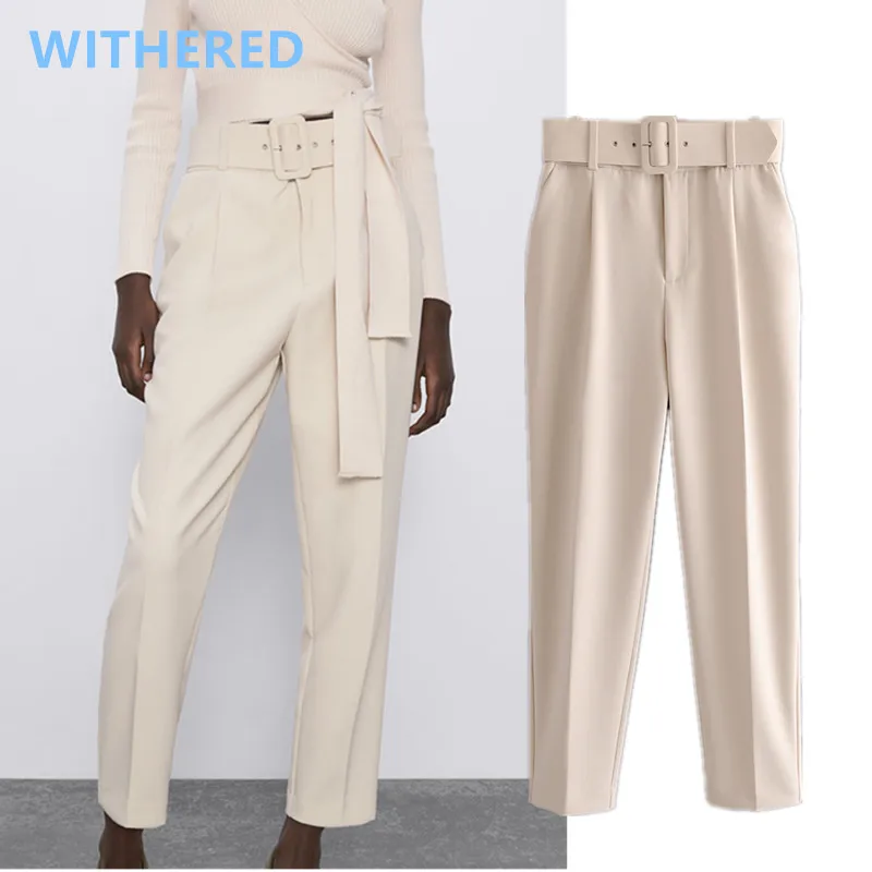 

Withered england style office lady candy solid color high waist suits pants women pantalones mujer pantalon femme trousers women