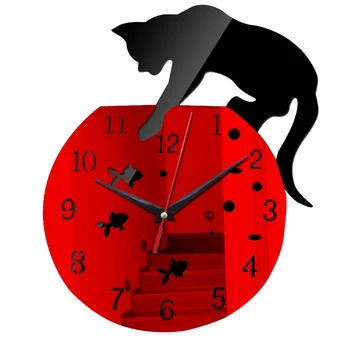 

Decoration Waterproof Durable Lightweight Cute Mute Running Bedroom DIY Cartoon Cat Unique Acrylic Mirror Wall Clock Living Room