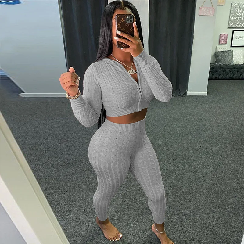 

Echoine Autumn Winter Knit Sweater Ribbed Zipper Crop Top Hoodies Legging pants Two Piece Set Skinny Bodycon Sexy Club Outfits