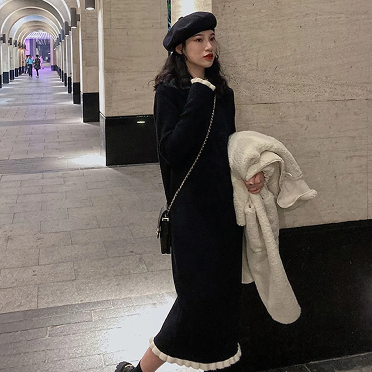 Женское весеннее платье свитер черное вязаное с оборками|Платья| |