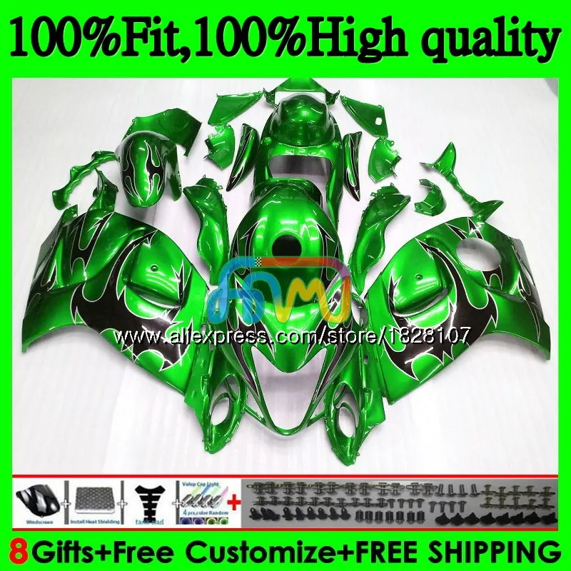 Инъекции для SUZUKI Hayabusa GSXR-1300 GSXR 1300 56BS. 90 GSXR1300 08 09 зеленый пламя, 10, 11, 12, 2008 2009 2010 2011 2012 обтекатель