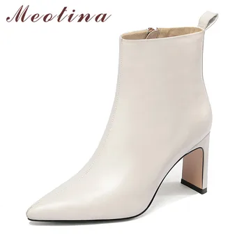 

Meotina Winter Ankle Boots Women Natural Genuine Leather Block High Heel Short Boots Zipper Pointed Toe Shoes Ladies Fall 34-39