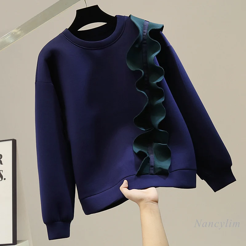 

Autumn Winter Fashion Ruffles Side Stitching Solid Color Round Neck Space Cotton Long Sleeve Sweatshirt Women's Fashion Hoodie