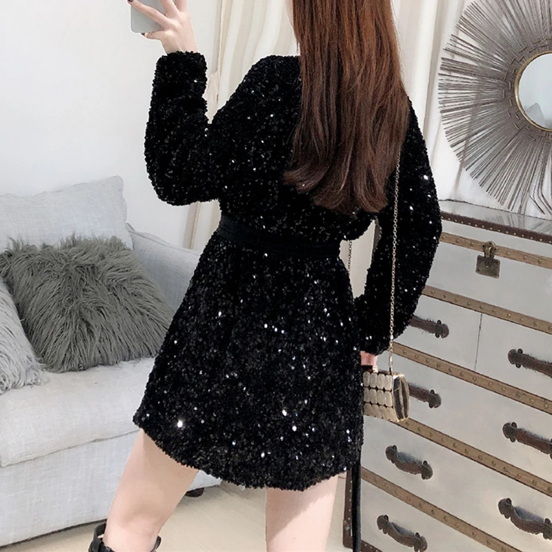 SeeBeautiful Новая мода весеннее простое сшитое платье с блестками и поясом с v-образным вырезом с длинным рукавом ТРАПЕЦИЕВИДНОЕ свободное платье для женщин Q743