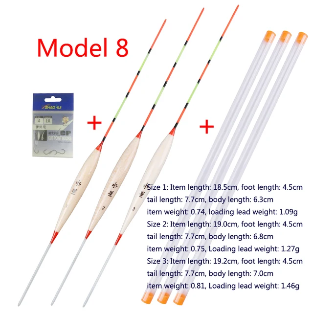 3pcs/lot Shallow Water Fishing Floats Balsa Bobber+3pcs float tubes+1 Bag Fishing hooks Fresh Water Buoy Fishing Tackles Tools Model 8
