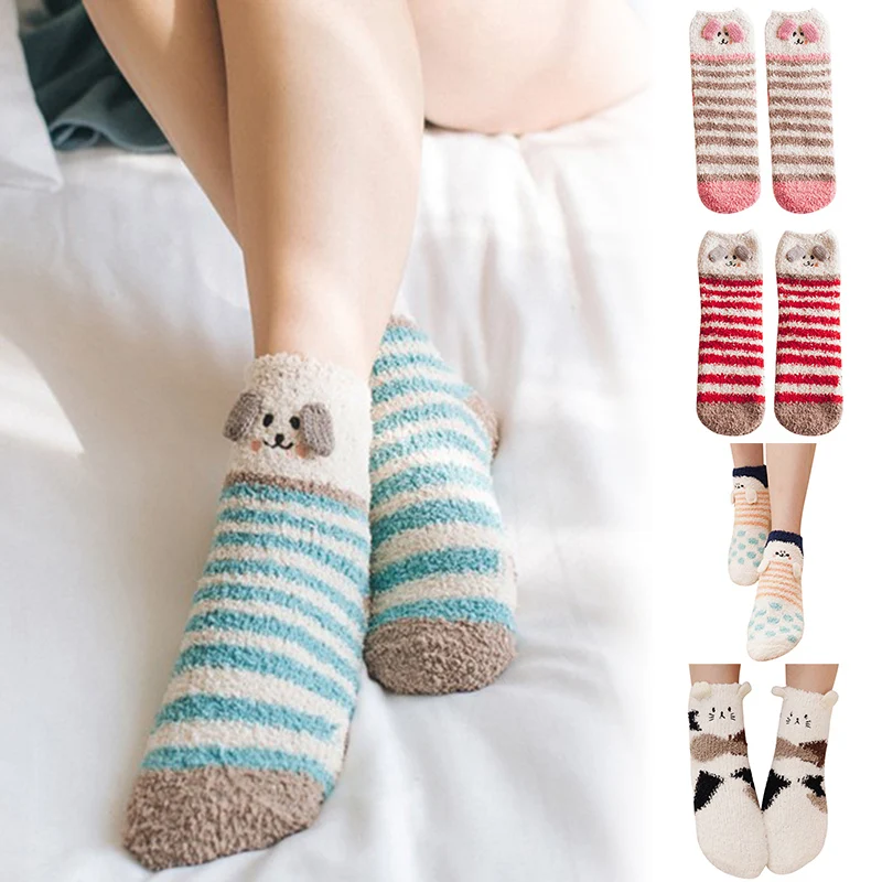 3 пары женских повседневных флисовых носков с объемным рисунком животных из мультфильма, осенне-зимние толстые теплые носки TC21