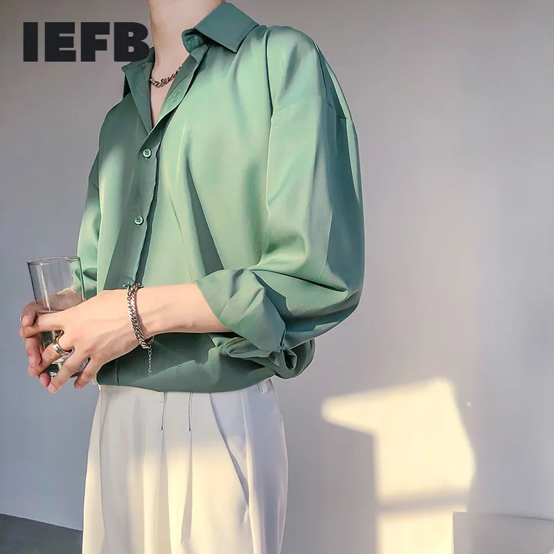 IEFB Lapel Men's Shirt Handsome Black Green Korean Fashion Chic Long Sleeve Loose Casual Single Breasted Tops 2021 9Y8207 | Мужская