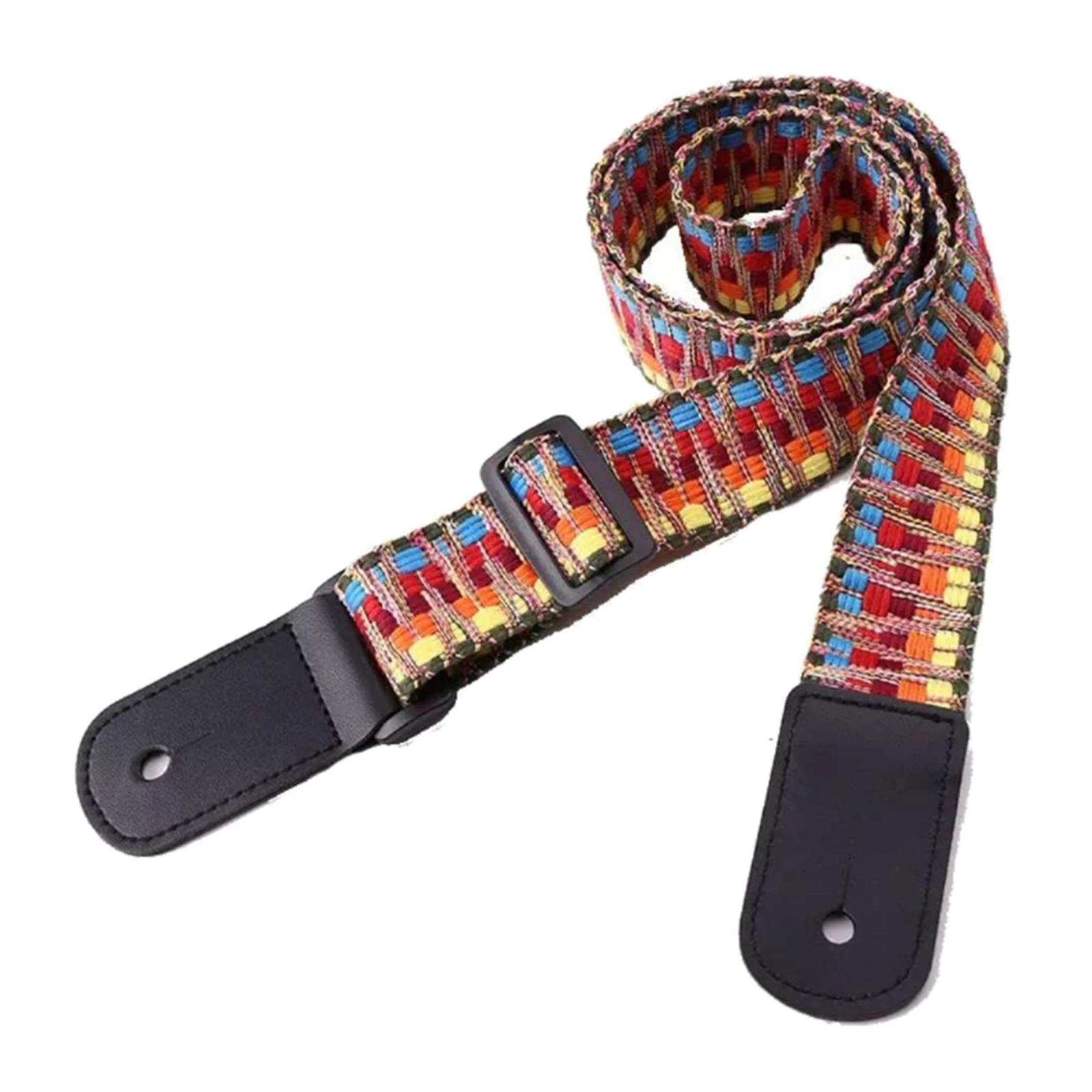 Retro Strip Design Leather Ends Guitar Strap Adjustable for Acoustic Guitar
