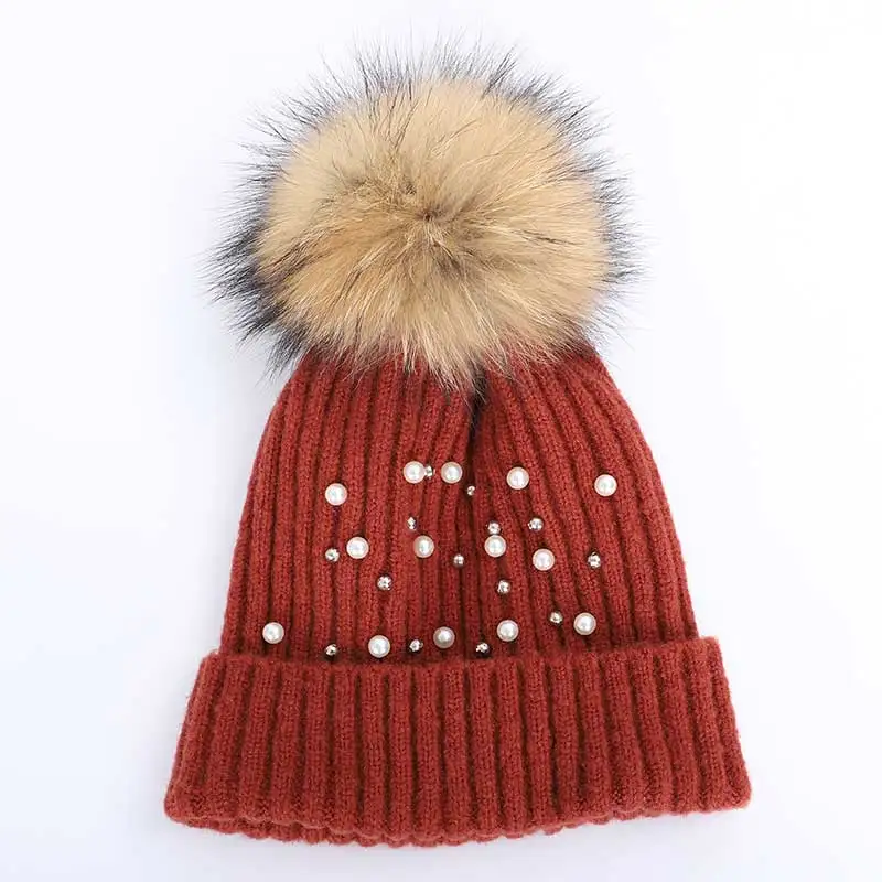 

Pearl Wool Beanies Women Real Natural Fur Pom Poms Fashion Pearl Knitted Hat Girls Female Beanie Cap Pompom Winter Hat for Women