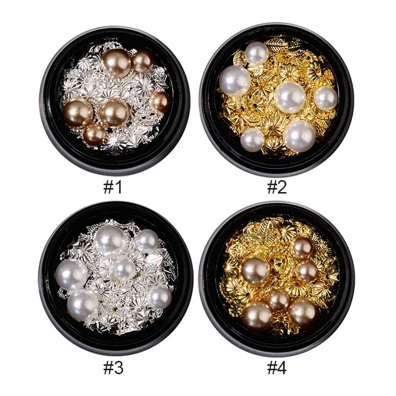 1 Box 3D Nail Decoration Colorful Gold White Pearl Oval Round Shape Flat Bottom Nail Art DIY Design Decorations Tools