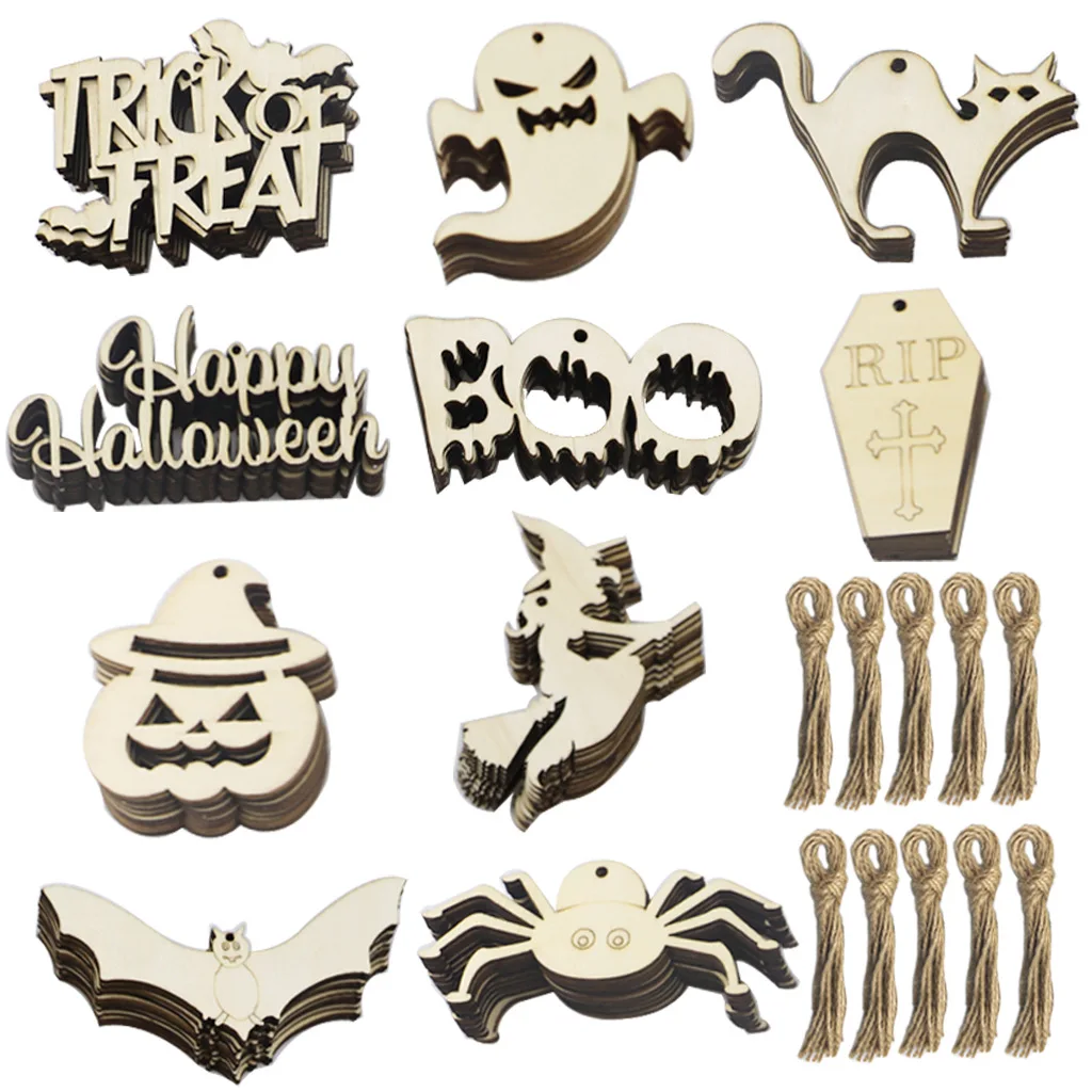 Halloween 10Pcs Ghost Wooden Ornaments Pendant For Home Door Hanging Plaque DIY Decoration Party Gothic Wreath Decor | Дом и сад