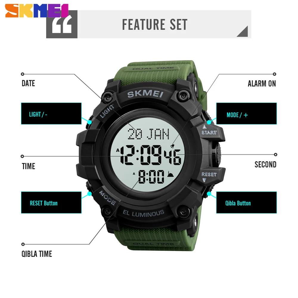 SKMEI Digital Men's Watch Outdoor Multifunction Prayer Qibla Compass Wristwatches Electronic Stopwatch Clock Relogio Masculino 3