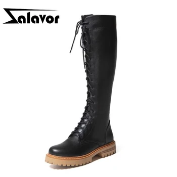 

ZALAVOR Real Leather New Women Knee Boots Cross Strap Round Toe Zipper Shoes Winter Warm Boots Women Party Footwear Size 34-40