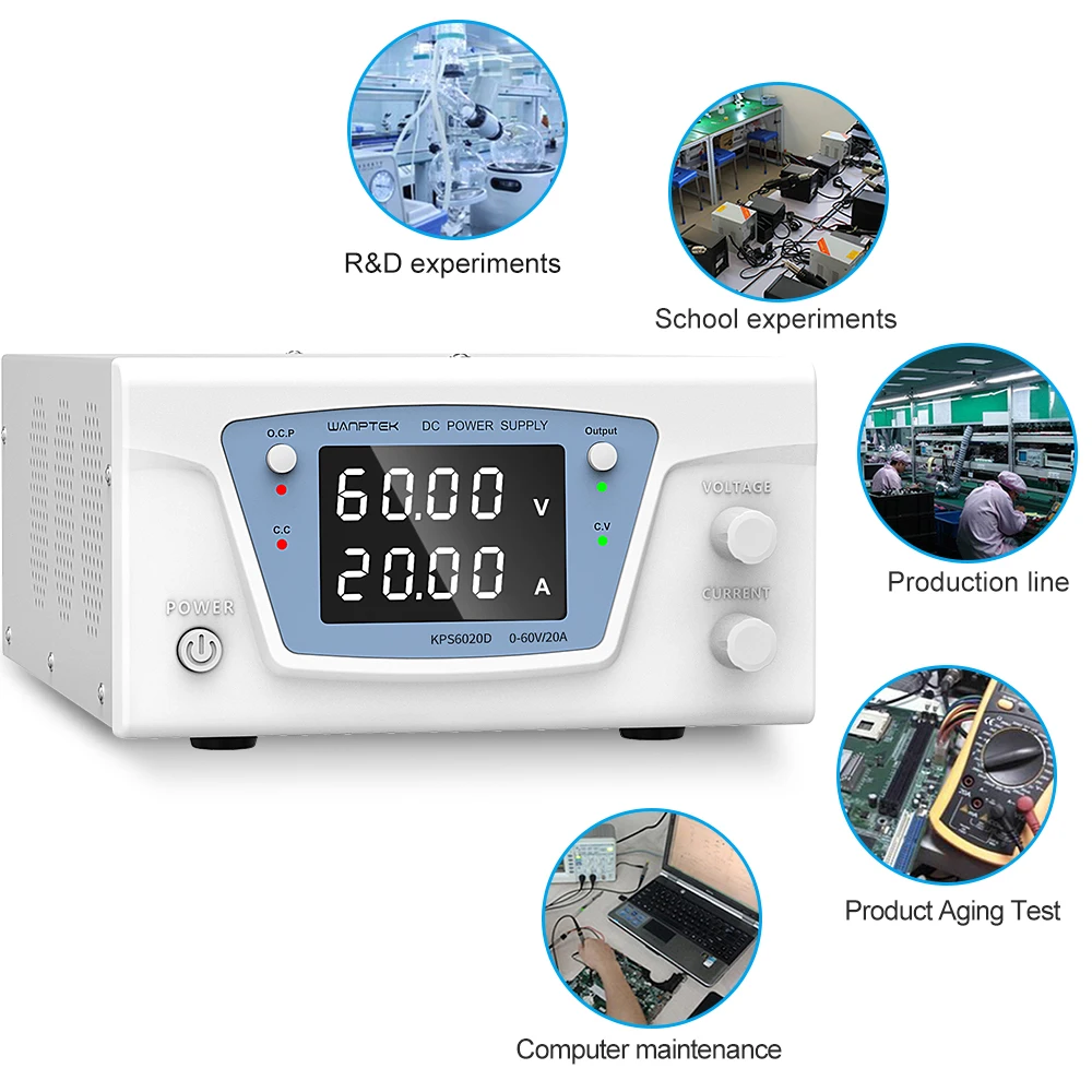 US $150.99 Wanptek adjustable dc power supply 60v 20a laboratory bench source stabilized switch power 30v 10a ac 220v ac110 500W 1000W DIY