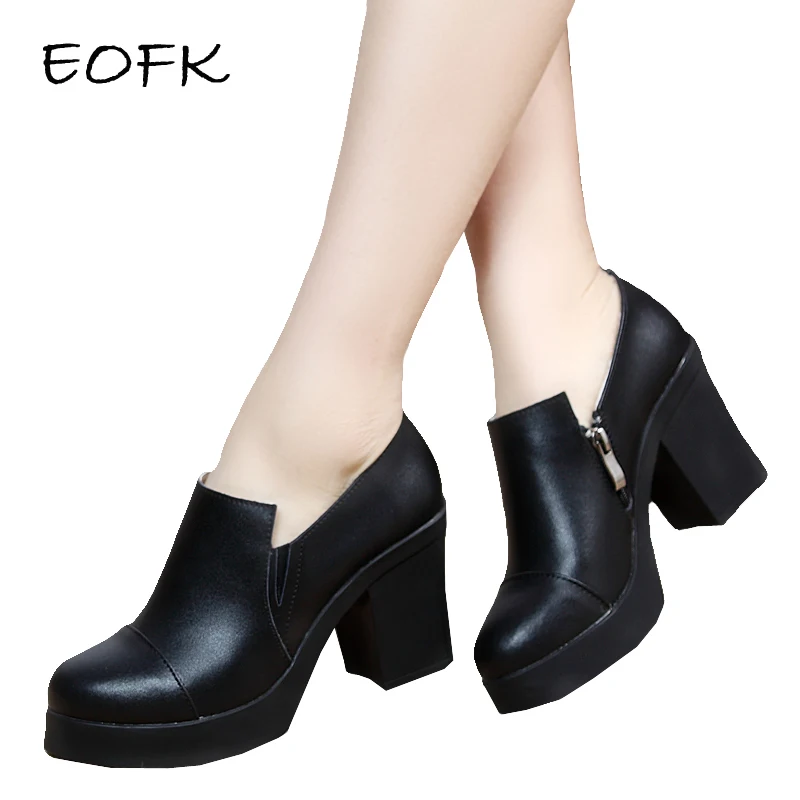 EOFK-zapatos de tacón alto de piel auténtica para mujer, zapatos de tacón cuadrado, negros, clásicos, informales
