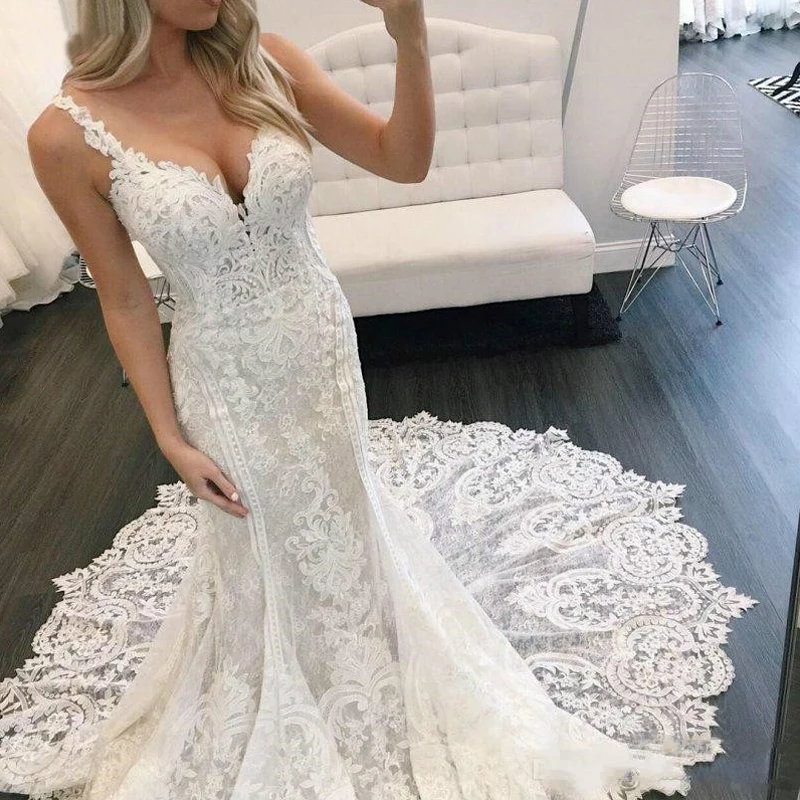 Lover Kiss Mermaid Wedding Dress 2022 Robes de mariée Plus Size Bridal Gowns Sexy Long Train V Neck Spaghetti Straps Häämekot bridal dresses