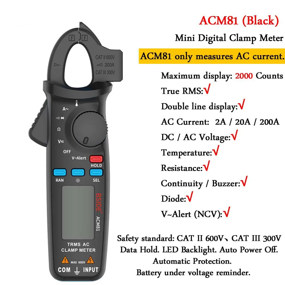 Мини Цифровые токовые клещи BSIDE ACM серии True RMS постоянного тока переменного тока Напряжение Ом темп Емкость Гц NCV тестер Амперметр мультиметр - Цвет: ACM81-black