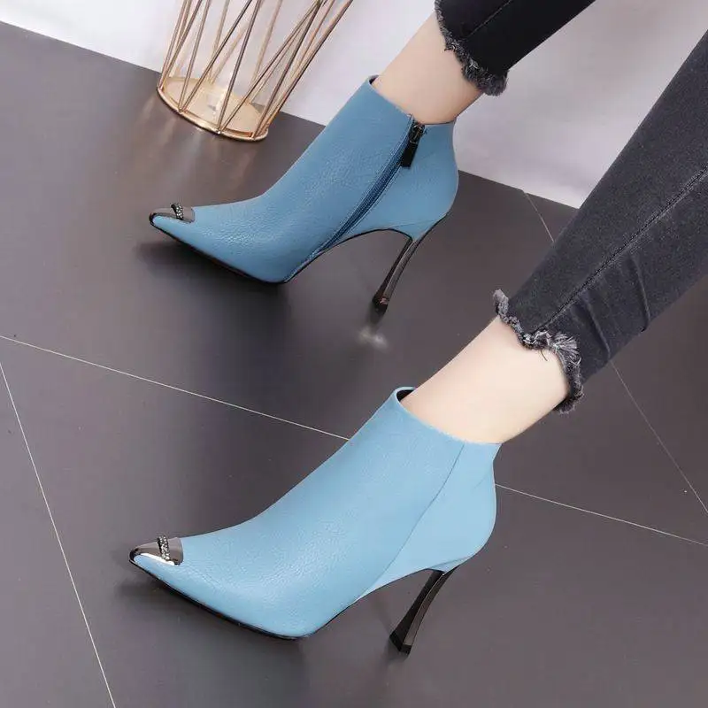 

2019 New High Quality Thin High Heels Fashion Women Ankle Boots Metal Pointed Toe Footwear Female Boots Woman Black Blue Shoes