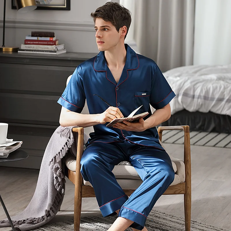 Sleepwear Male Summer Short Sleeve Long Pants Two-Piece Pajama Sets Ice Silk Thin Men Pyjamas Homewear 9007
