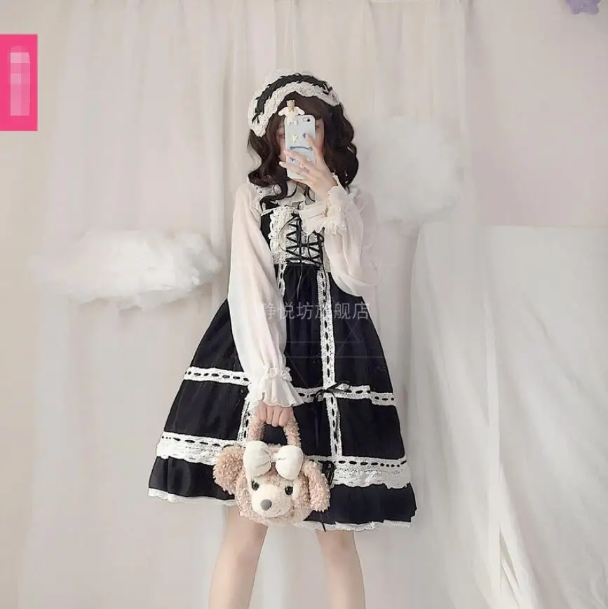 Cos Loli JSK Shoulder-Strapes Lace Dress Lolita Japanese Mori Girl Cute Kawaii Retro Gothic Princess Tea Party Dress Cos lolita dress lolita suspender dress lolita cosplay costumes