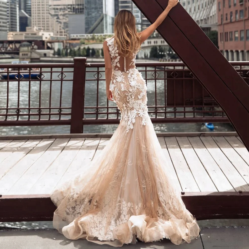 Иллюзия Русалка свадебное платье роскошный Шампань Свадебные платья Robe De Mariee цвета слоновой кости Аппликации Свадебные платья Vestido Novias