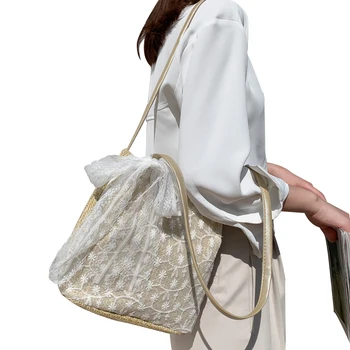 

Women Straw Beach Bag Exquisite Lace Woven Single Shoulder Bag Summer Handbag Daily Life Travel Floral Storage Tote