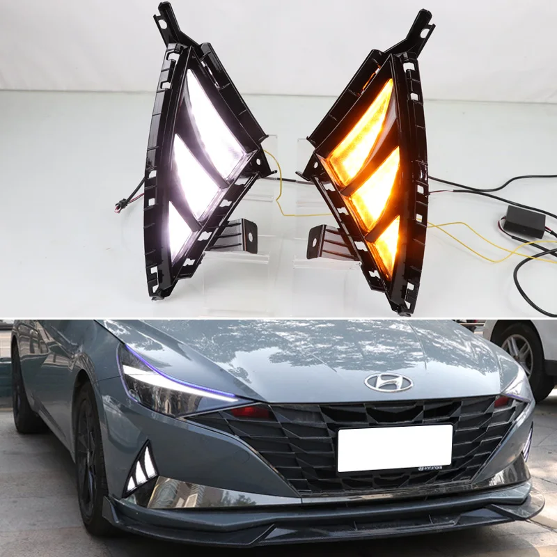 Car LED DRL Daylights For Hyundai Elantra 2021 2022 Yellow Turn Signal Daytime Running Light Fog Lamp |