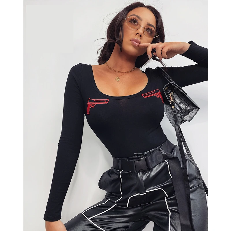 Mono Sexy de manga larga con cuello en U para mujer, pelele ajustado con bordado de Color sólido multicolor