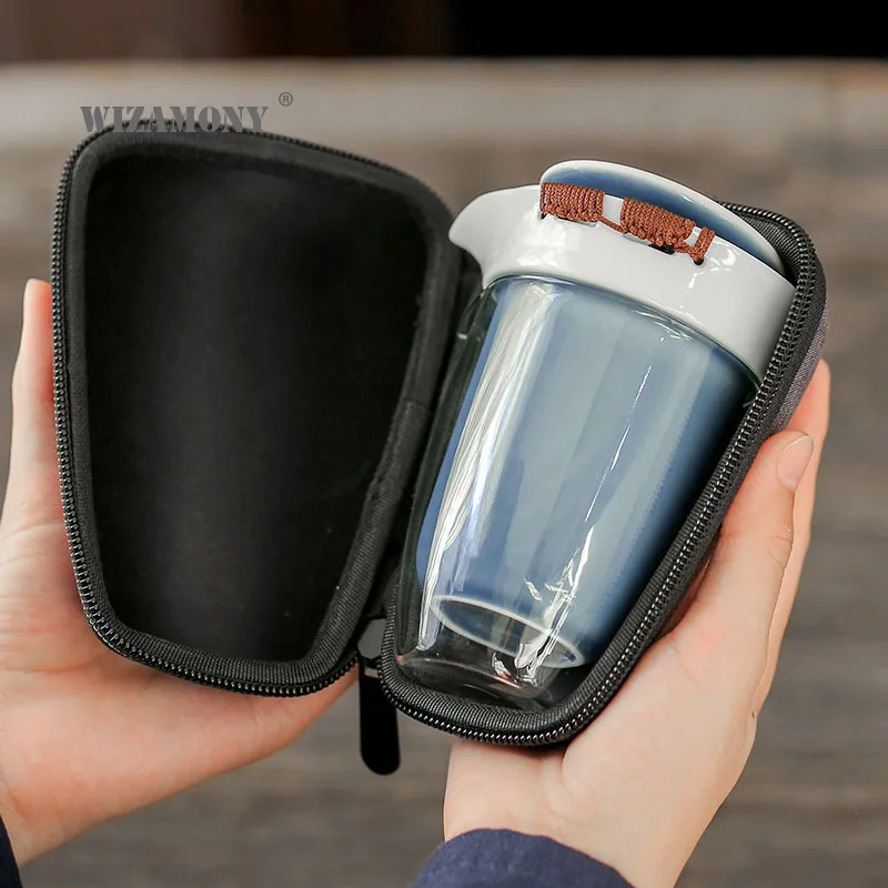 

WIZAMONY Glass travel suit portable bag express cup ceramic one pot four cups car mounted simple outdoor Kung Fu tea set