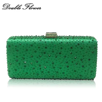 

Double Flower Dazzling Green Crystal Women Evening Handbags and Purses Wedding Prom Bridal Diamond Clutch Bag Chain Shoulder Bag