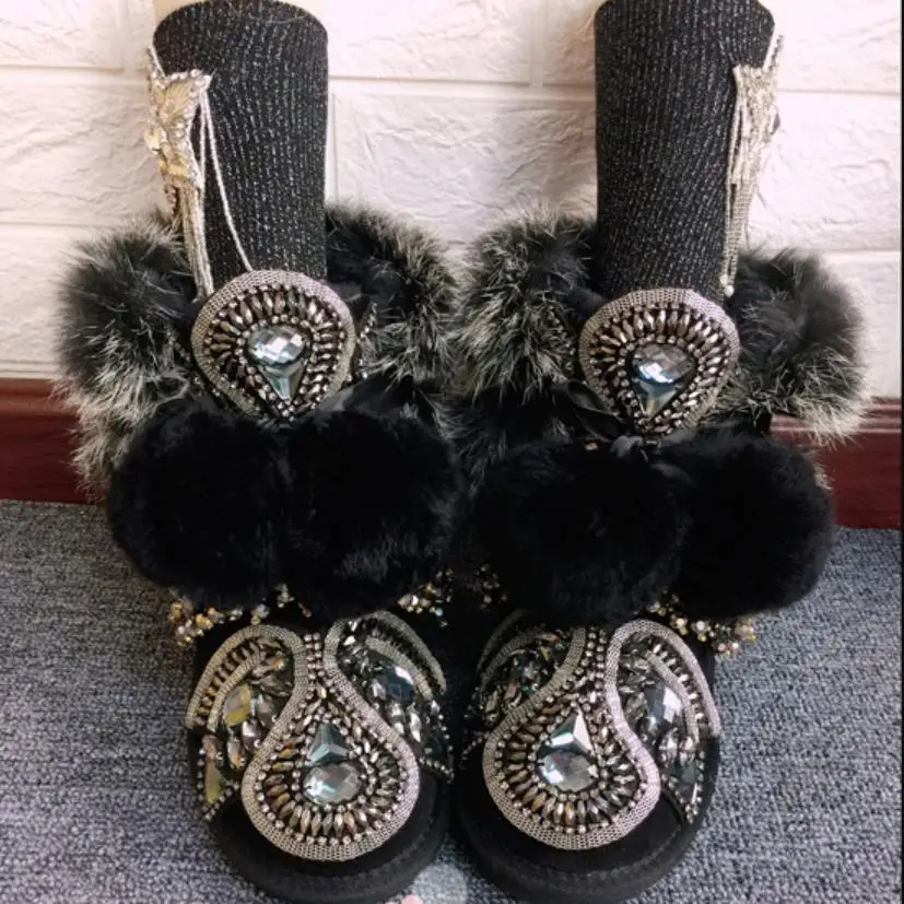 rabbit fur black homemade European station heavy work sequins rhinestone beaded leather hair one leather thick snow boots