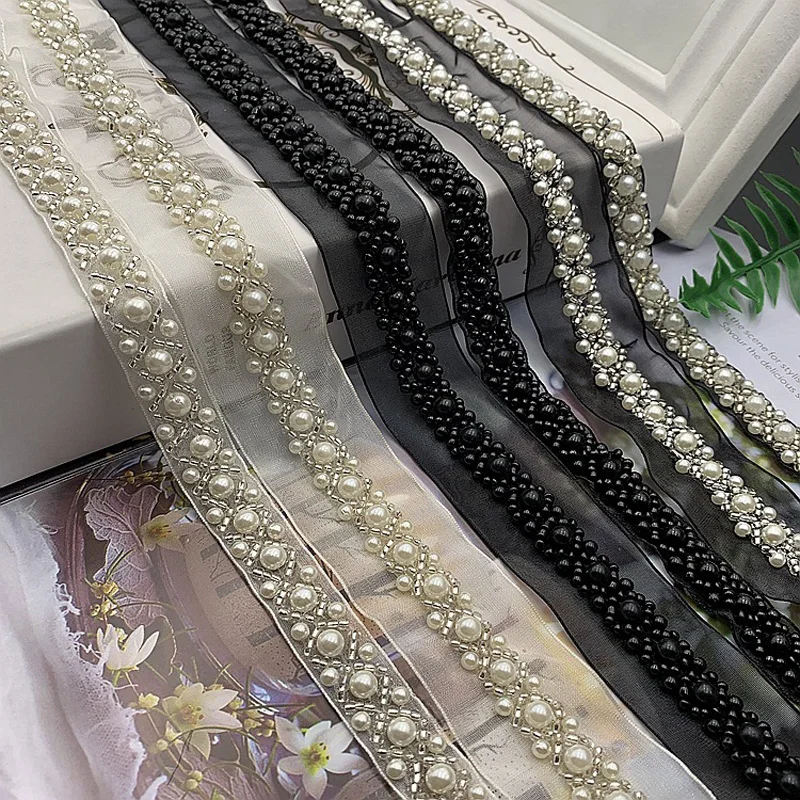 10yards/lot White/black Pearl Beaded Lace Ribbon Trim Handmade DIY