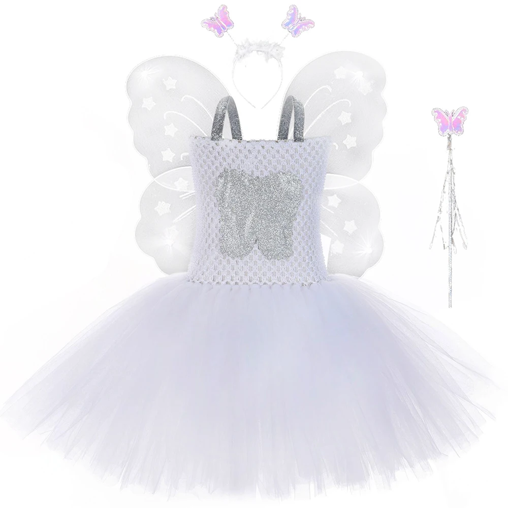 

1 Set Tooth Fairy Tutu Dress with Wings Outfit White Children Kids Halloween Costumes Cute Tulle Girls Birthday Party Dresses