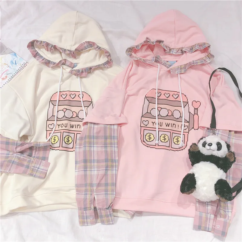Японский Мори девушка Ложные две части Плед толстовки студентов Kawaii оборками