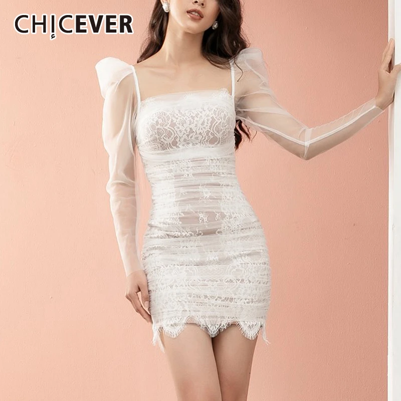 CHICEVER, сексуальное Сетчатое лоскутное женское платье, квадратный воротник, пышные рукава, высокая талия, перспективное кружевное мини-платье, осенние женские платья